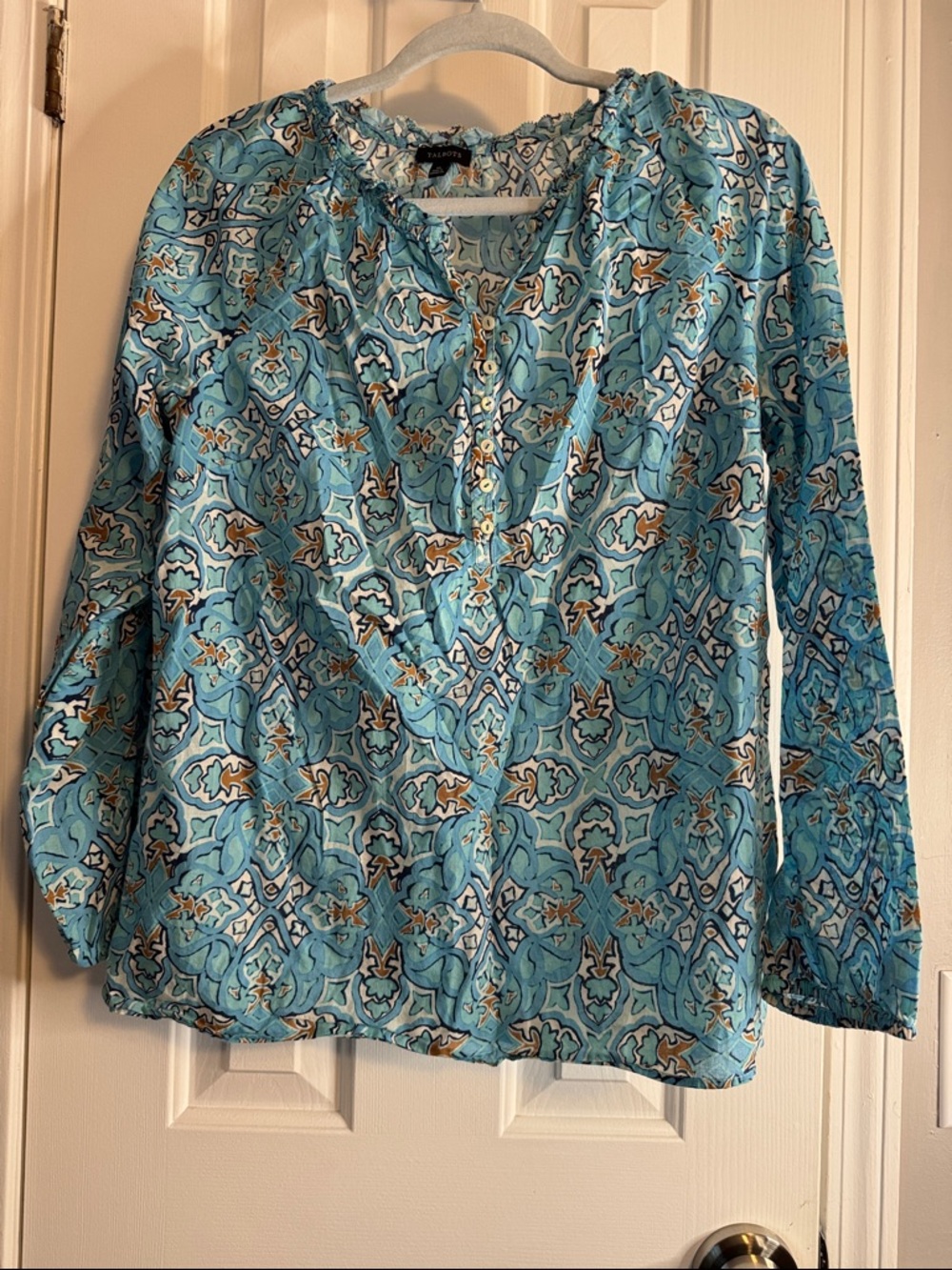 Talbots Turquoise Blue Patterned Long-Sleeve Tunic Blouse (R)